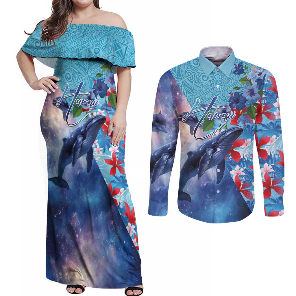 Hawaii Aloha Whales Couples Matching Off Shoulder Maxi Dress and Long Sleeve Button Shirt Hibiscus and Whales with Polynesian Pattern LT03 Blue - Polynesian Pride