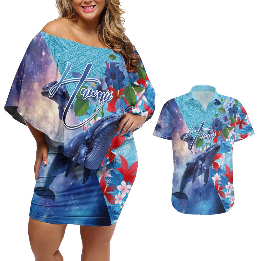 Hawaii Aloha Whales Couples Matching Off Shoulder Short Dress and Hawaiian Shirt Hibiscus and Whales with Polynesian Pattern LT03 Blue - Polynesian Pride