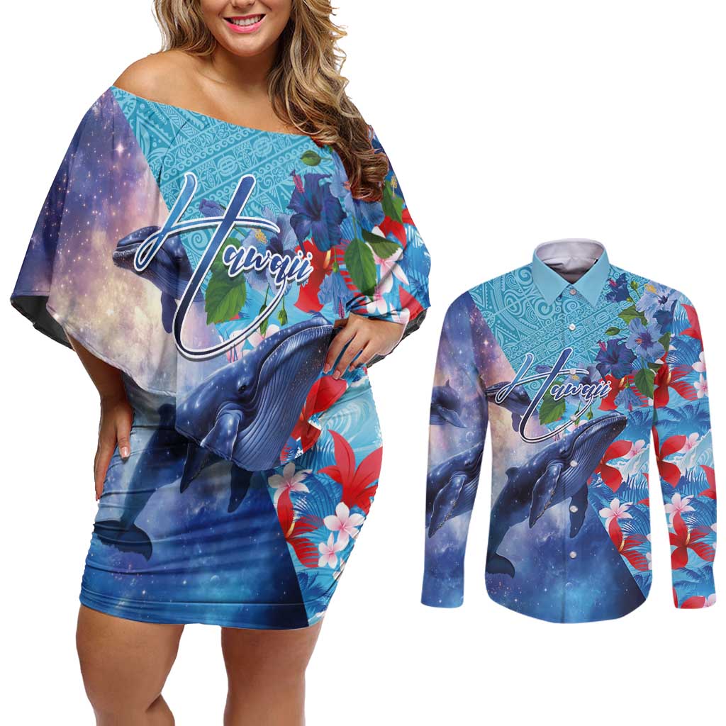 Hawaii Aloha Whales Couples Matching Off Shoulder Short Dress and Long Sleeve Button Shirt Hibiscus and Whales with Polynesian Pattern LT03 Blue - Polynesian Pride