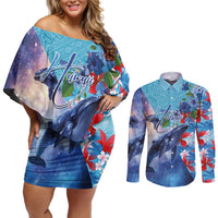 Hawaii Aloha Whales Couples Matching Off Shoulder Short Dress and Long Sleeve Button Shirt Hibiscus and Whales with Polynesian Pattern LT03 Blue - Polynesian Pride