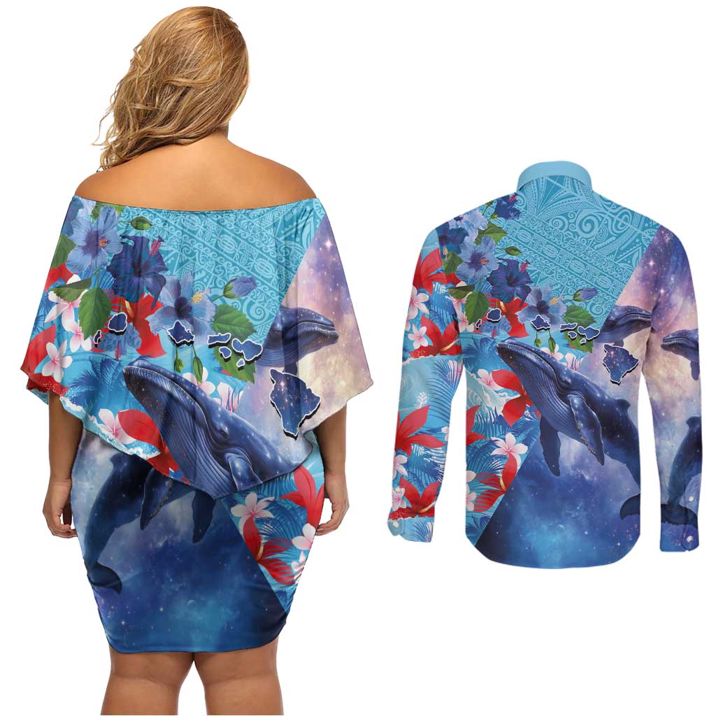 Hawaii Aloha Whales Couples Matching Off Shoulder Short Dress and Long Sleeve Button Shirt Hibiscus and Whales with Polynesian Pattern LT03 - Polynesian Pride