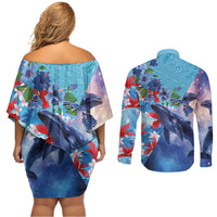 Hawaii Aloha Whales Couples Matching Off Shoulder Short Dress and Long Sleeve Button Shirt Hibiscus and Whales with Polynesian Pattern LT03 - Polynesian Pride
