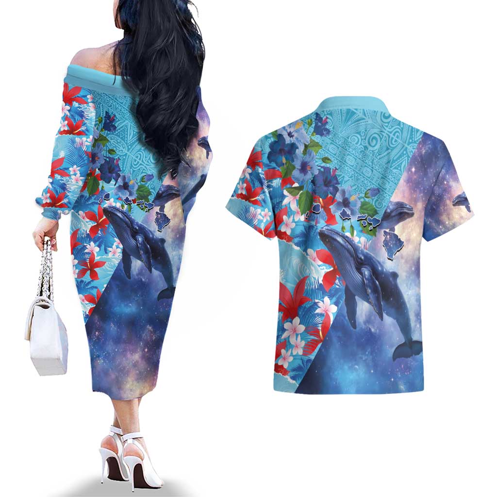 Hawaii Aloha Whales Couples Matching Off The Shoulder Long Sleeve Dress and Hawaiian Shirt Hibiscus and Whales with Polynesian Pattern LT03 - Polynesian Pride