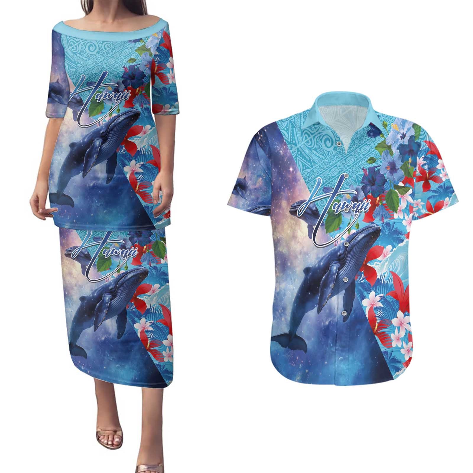 Hawaii Aloha Whales Couples Matching Puletasi and Hawaiian Shirt Hibiscus and Whales with Polynesian Pattern LT03 Blue - Polynesian Pride