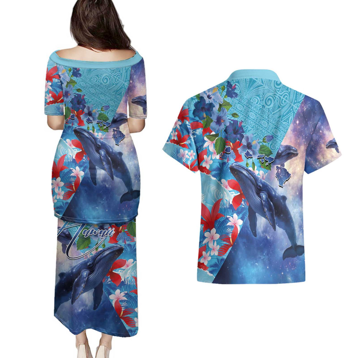 Hawaii Aloha Whales Couples Matching Puletasi and Hawaiian Shirt Hibiscus and Whales with Polynesian Pattern LT03 - Polynesian Pride