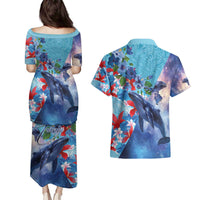 Hawaii Aloha Whales Couples Matching Puletasi and Hawaiian Shirt Hibiscus and Whales with Polynesian Pattern LT03 - Polynesian Pride
