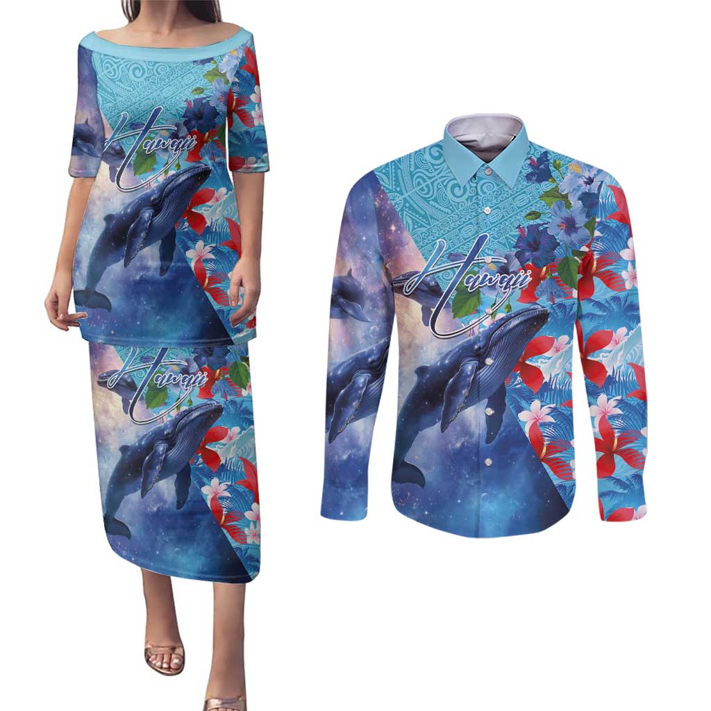 Hawaii Aloha Whales Couples Matching Puletasi and Long Sleeve Button Shirt Hibiscus and Whales with Polynesian Pattern LT03 Blue - Polynesian Pride