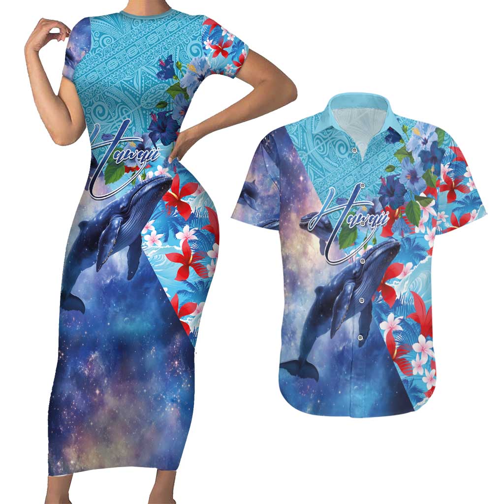 Hawaii Aloha Whales Couples Matching Short Sleeve Bodycon Dress and Hawaiian Shirt Hibiscus and Whales with Polynesian Pattern LT03 Blue - Polynesian Pride
