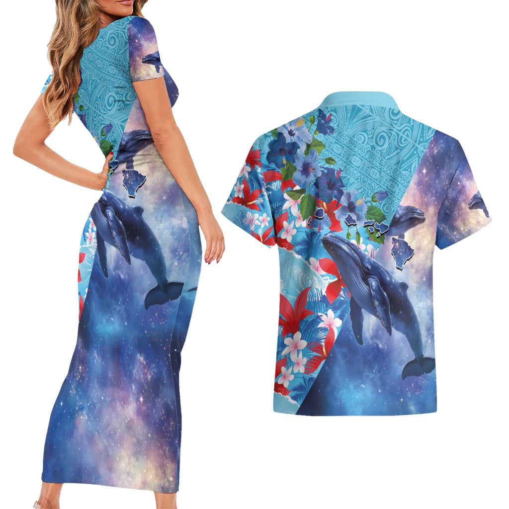Hawaii Aloha Whales Couples Matching Short Sleeve Bodycon Dress and Hawaiian Shirt Hibiscus and Whales with Polynesian Pattern LT03 - Polynesian Pride