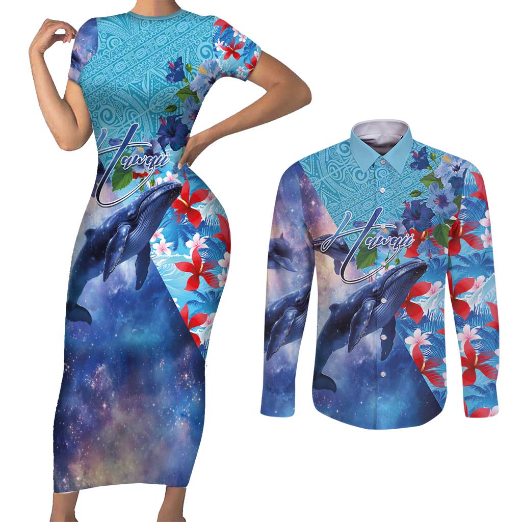 Hawaii Aloha Whales Couples Matching Short Sleeve Bodycon Dress and Long Sleeve Button Shirt Hibiscus and Whales with Polynesian Pattern LT03 Blue - Polynesian Pride