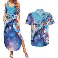 Hawaii Aloha Whales Couples Matching Summer Maxi Dress and Hawaiian Shirt Hibiscus and Whales with Polynesian Pattern LT03 Blue - Polynesian Pride