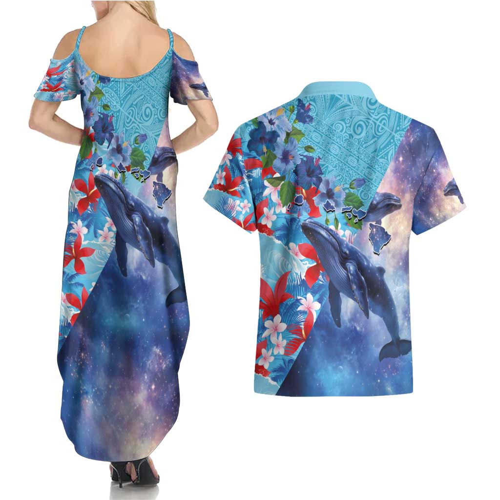 Hawaii Aloha Whales Couples Matching Summer Maxi Dress and Hawaiian Shirt Hibiscus and Whales with Polynesian Pattern LT03 - Polynesian Pride
