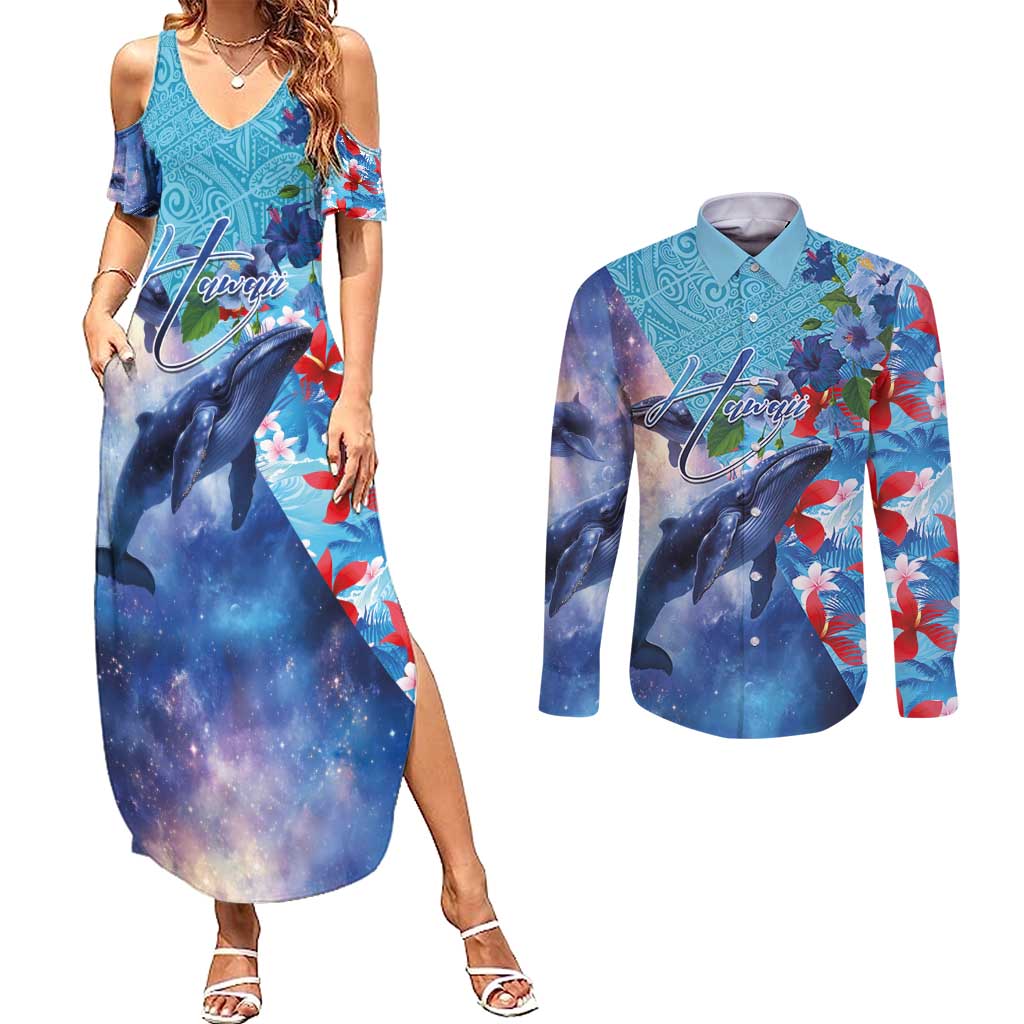 Hawaii Aloha Whales Couples Matching Summer Maxi Dress and Long Sleeve Button Shirt Hibiscus and Whales with Polynesian Pattern LT03 Blue - Polynesian Pride