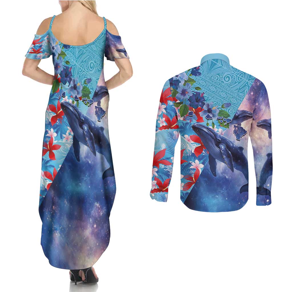 Hawaii Aloha Whales Couples Matching Summer Maxi Dress and Long Sleeve Button Shirt Hibiscus and Whales with Polynesian Pattern LT03 - Polynesian Pride