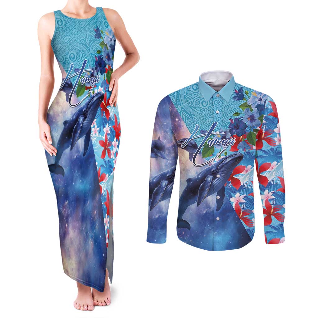Hawaii Aloha Whales Couples Matching Tank Maxi Dress and Long Sleeve Button Shirt Hibiscus and Whales with Polynesian Pattern LT03 Blue - Polynesian Pride