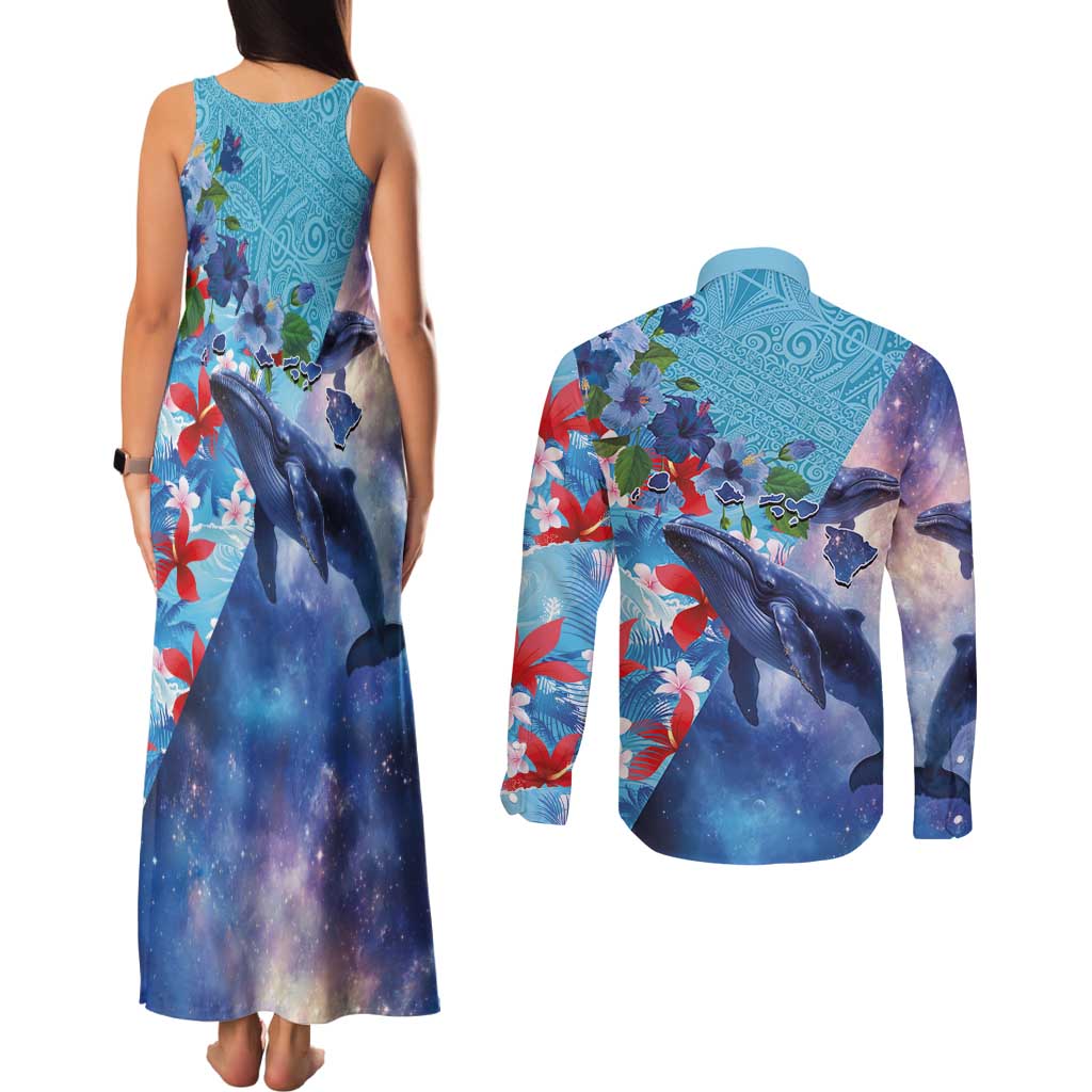 Hawaii Aloha Whales Couples Matching Tank Maxi Dress and Long Sleeve Button Shirt Hibiscus and Whales with Polynesian Pattern LT03 - Polynesian Pride