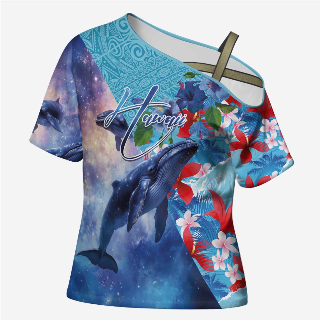 Hawaii Aloha Whales Cross Shoulder Shirt Hibiscus and Whales with Polynesian Pattern - Polynesian Pride