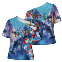 Hawaii Aloha Whales Cross Shoulder Shirt Hibiscus and Whales with Polynesian Pattern - Polynesian Pride