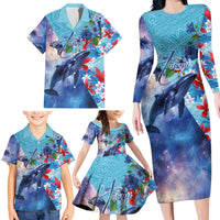 Hawaii Aloha Whales Family Matching Long Sleeve Bodycon Dress and Hawaiian Shirt Hibiscus and Whales with Polynesian Pattern LT03 - Polynesian Pride