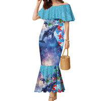 Hawaii Aloha Whales Family Matching Mermaid Dress and Hawaiian Shirt Hibiscus and Whales with Polynesian Pattern LT03 Mom's Dress Blue - Polynesian Pride