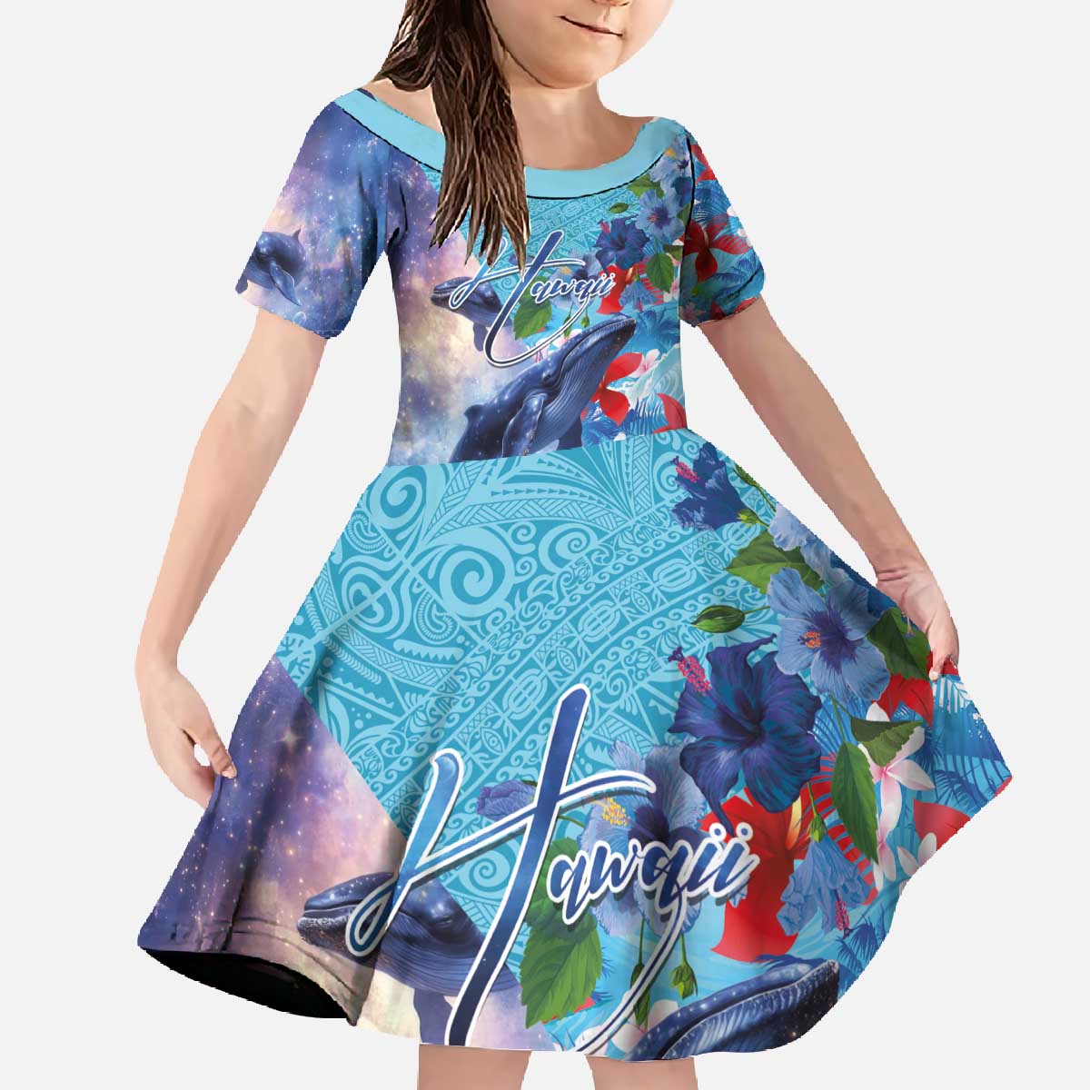 Hawaii Aloha Whales Family Matching Off The Shoulder Long Sleeve Dress and Hawaiian Shirt Hibiscus and Whales with Polynesian Pattern LT03 Daughter's Dress Blue - Polynesian Pride