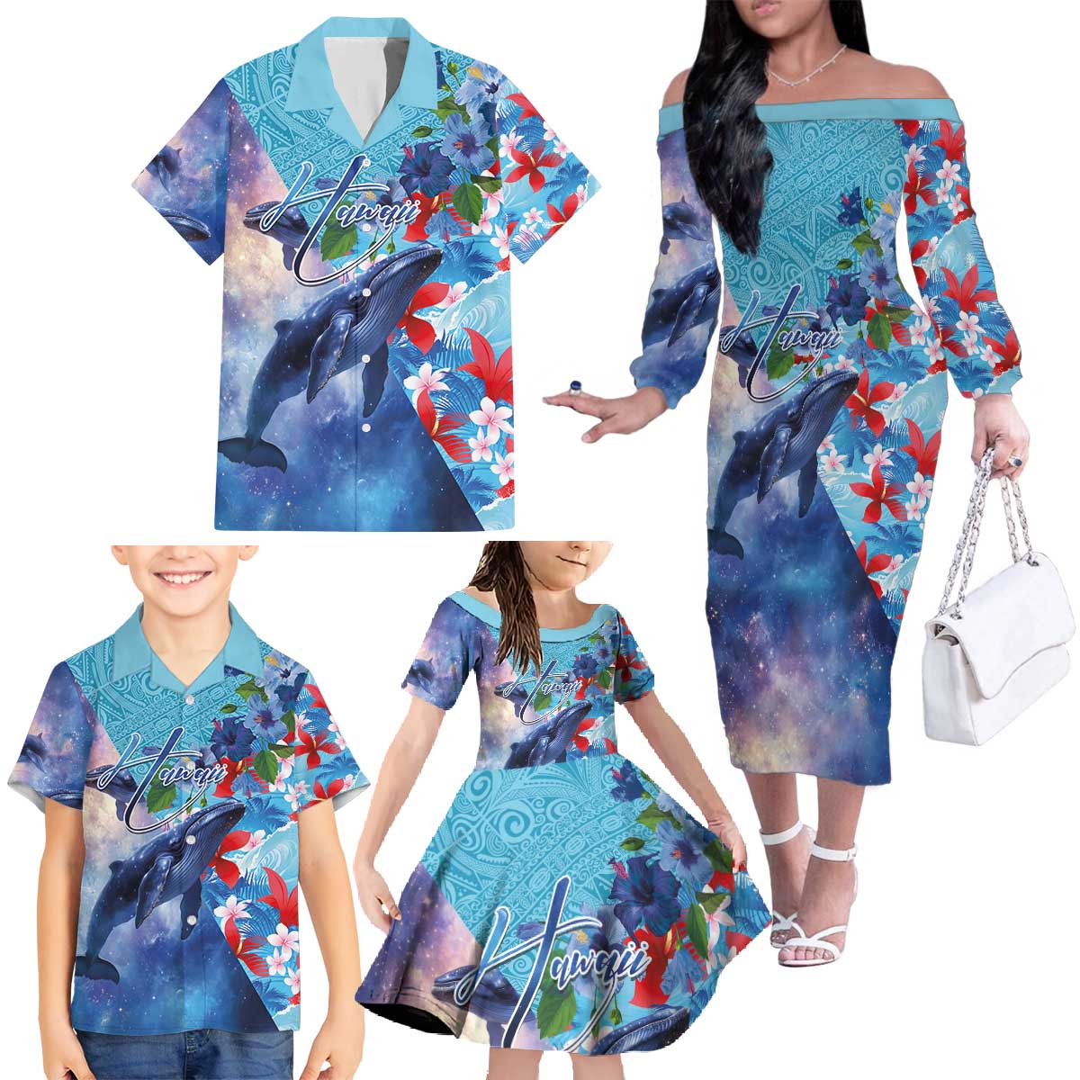 Hawaii Aloha Whales Family Matching Off The Shoulder Long Sleeve Dress and Hawaiian Shirt Hibiscus and Whales with Polynesian Pattern LT03 - Polynesian Pride