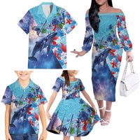 Hawaii Aloha Whales Family Matching Off The Shoulder Long Sleeve Dress and Hawaiian Shirt Hibiscus and Whales with Polynesian Pattern LT03 - Polynesian Pride