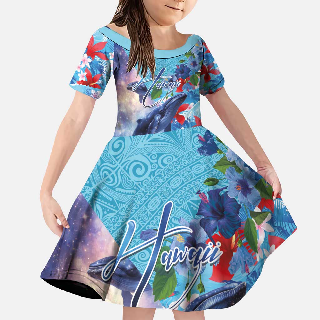 Hawaii Aloha Whales Family Matching Off Shoulder Maxi Dress and Hawaiian Shirt Hibiscus and Whales with Polynesian Pattern LT03 Daughter's Dress Blue - Polynesian Pride