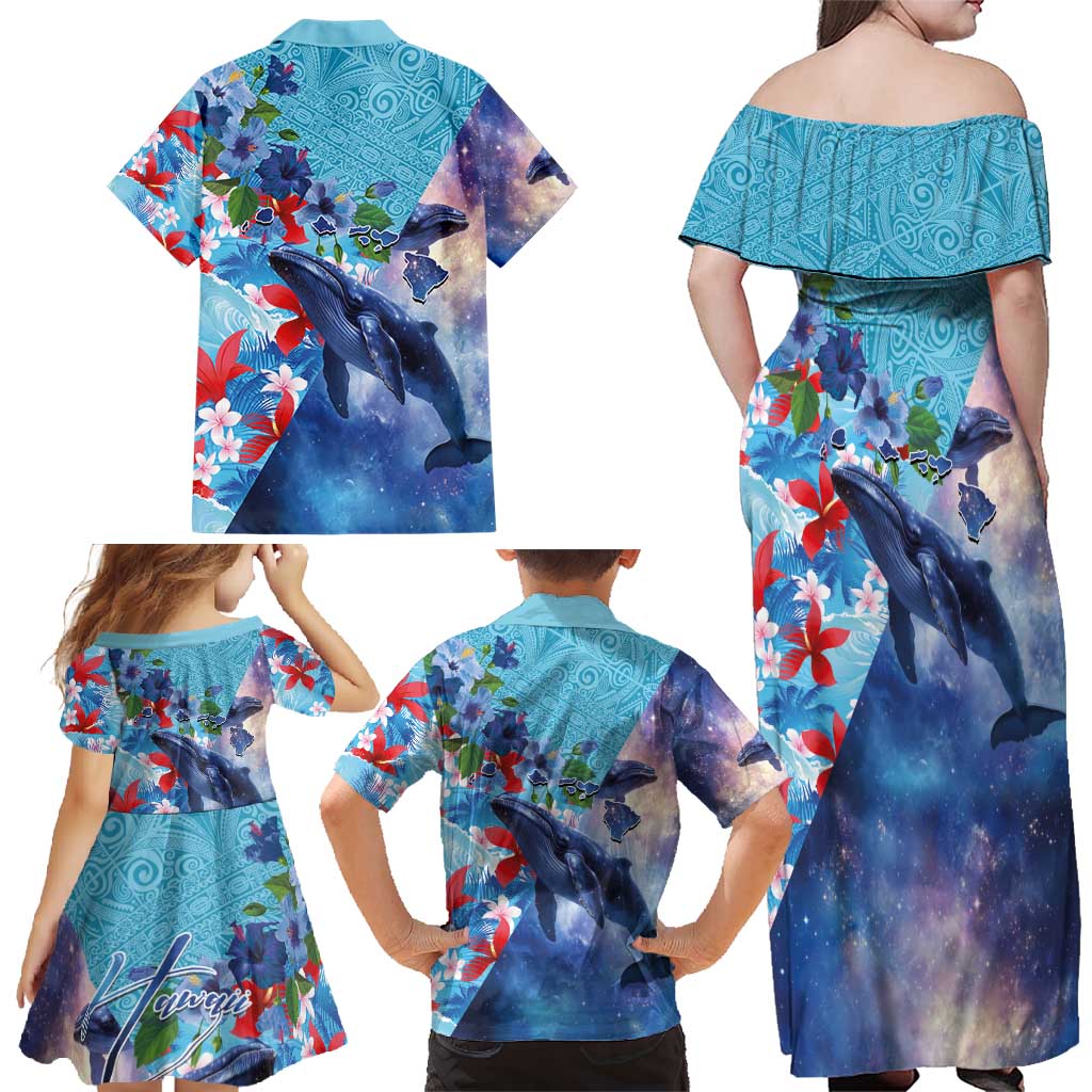 Hawaii Aloha Whales Family Matching Off Shoulder Maxi Dress and Hawaiian Shirt Hibiscus and Whales with Polynesian Pattern LT03 - Polynesian Pride