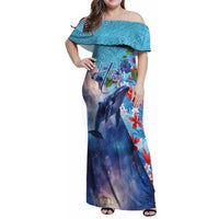 Hawaii Aloha Whales Family Matching Off Shoulder Maxi Dress and Hawaiian Shirt Hibiscus and Whales with Polynesian Pattern LT03 Mom's Dress Blue - Polynesian Pride