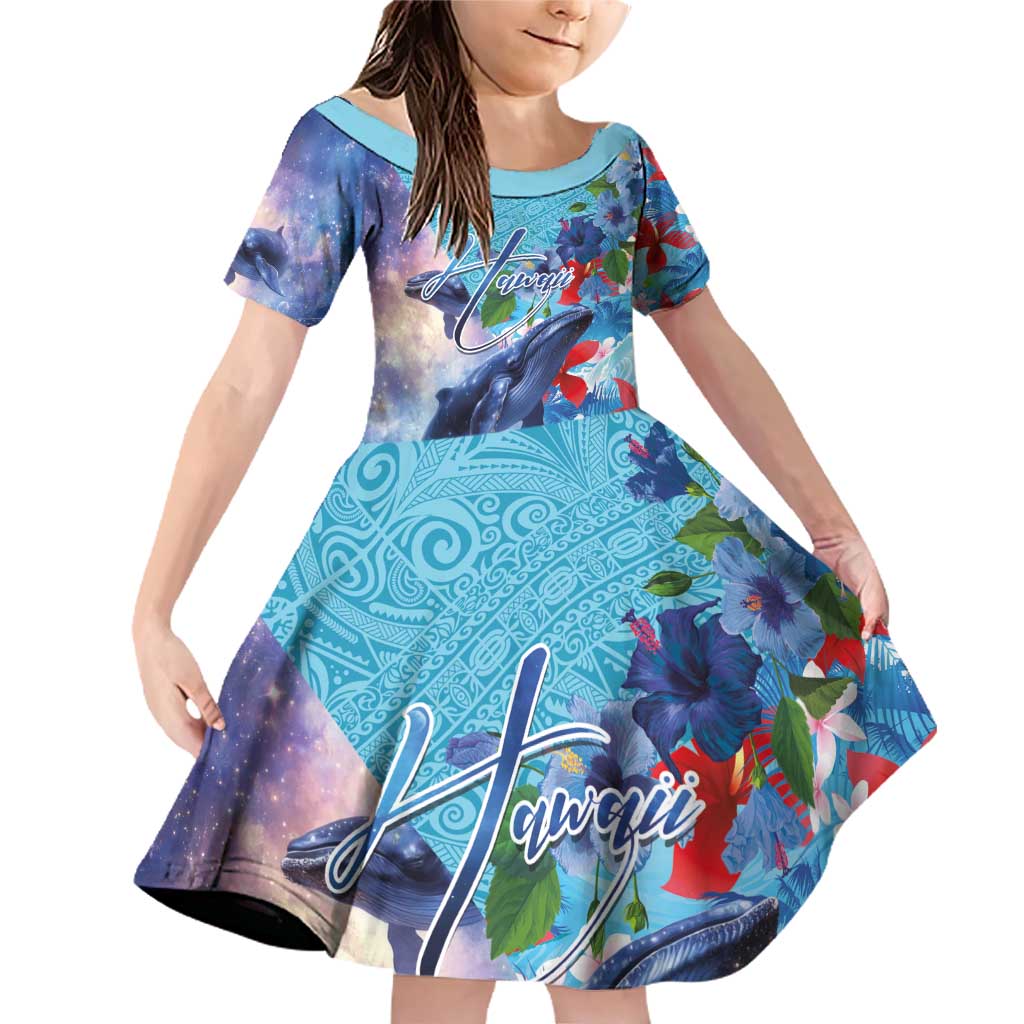 Hawaii Aloha Whales Family Matching Off Shoulder Short Dress and Hawaiian Shirt Hibiscus and Whales with Polynesian Pattern LT03 Daughter's Dress Blue - Polynesian Pride