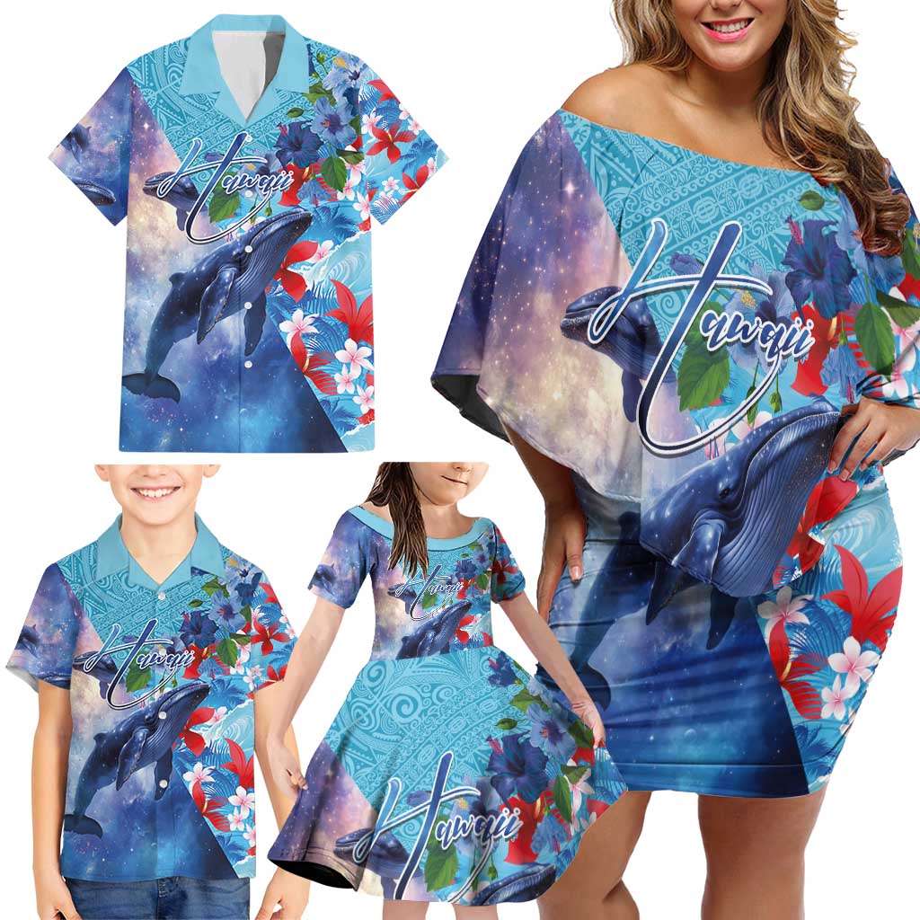 Hawaii Aloha Whales Family Matching Off Shoulder Short Dress and Hawaiian Shirt Hibiscus and Whales with Polynesian Pattern LT03 - Polynesian Pride