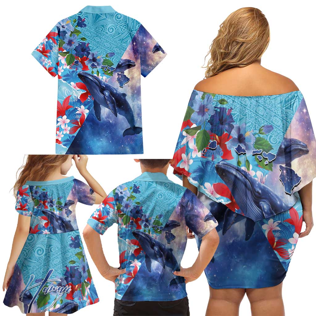 Hawaii Aloha Whales Family Matching Off Shoulder Short Dress and Hawaiian Shirt Hibiscus and Whales with Polynesian Pattern LT03 - Polynesian Pride
