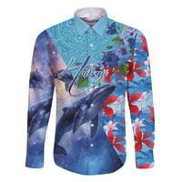 Hawaii Aloha Whales Family Matching Off Shoulder Short Dress and Hawaiian Shirt Hibiscus and Whales with Polynesian Pattern LT03 Dad's Shirt - Long Sleeve Blue - Polynesian Pride