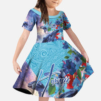 Hawaii Aloha Whales Family Matching Short Sleeve Bodycon Dress and Hawaiian Shirt Hibiscus and Whales with Polynesian Pattern LT03 Daughter's Dress Blue - Polynesian Pride