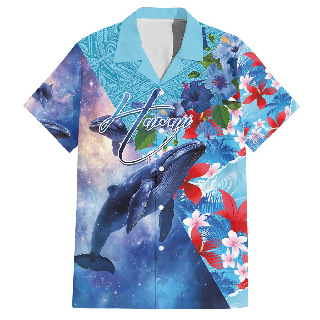 Hawaii Aloha Whales Family Matching Tank Maxi Dress and Hawaiian Shirt Hibiscus and Whales with Polynesian Pattern LT03 Dad's Shirt - Short Sleeve Blue - Polynesian Pride