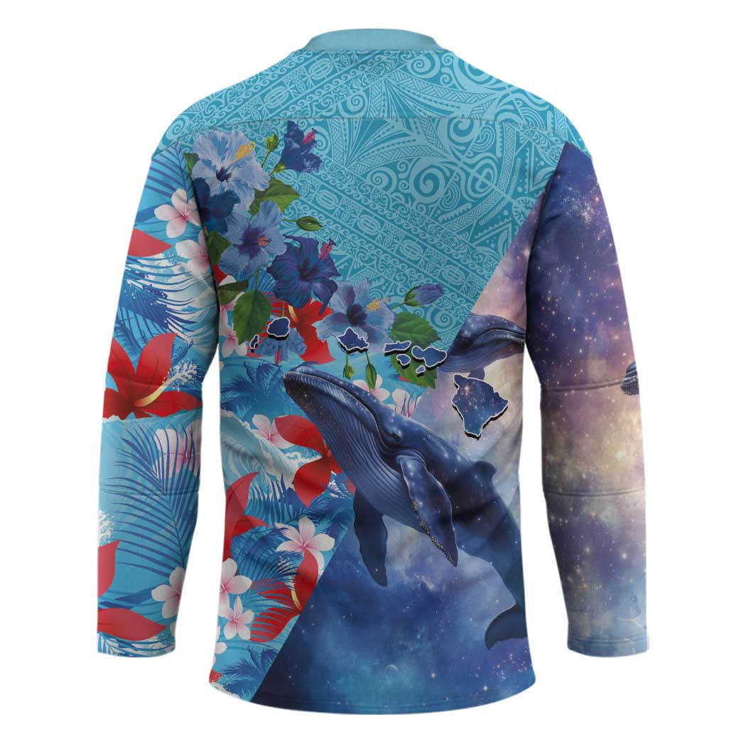 Hawaii Aloha Whales Hockey Jersey Hibiscus and Whales with Polynesian Pattern - Polynesian Pride