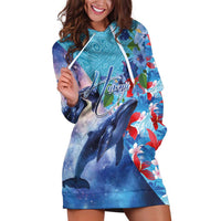 Hawaii Aloha Whales Hoodie Dress Hibiscus and Whales with Polynesian Pattern - Polynesian Pride