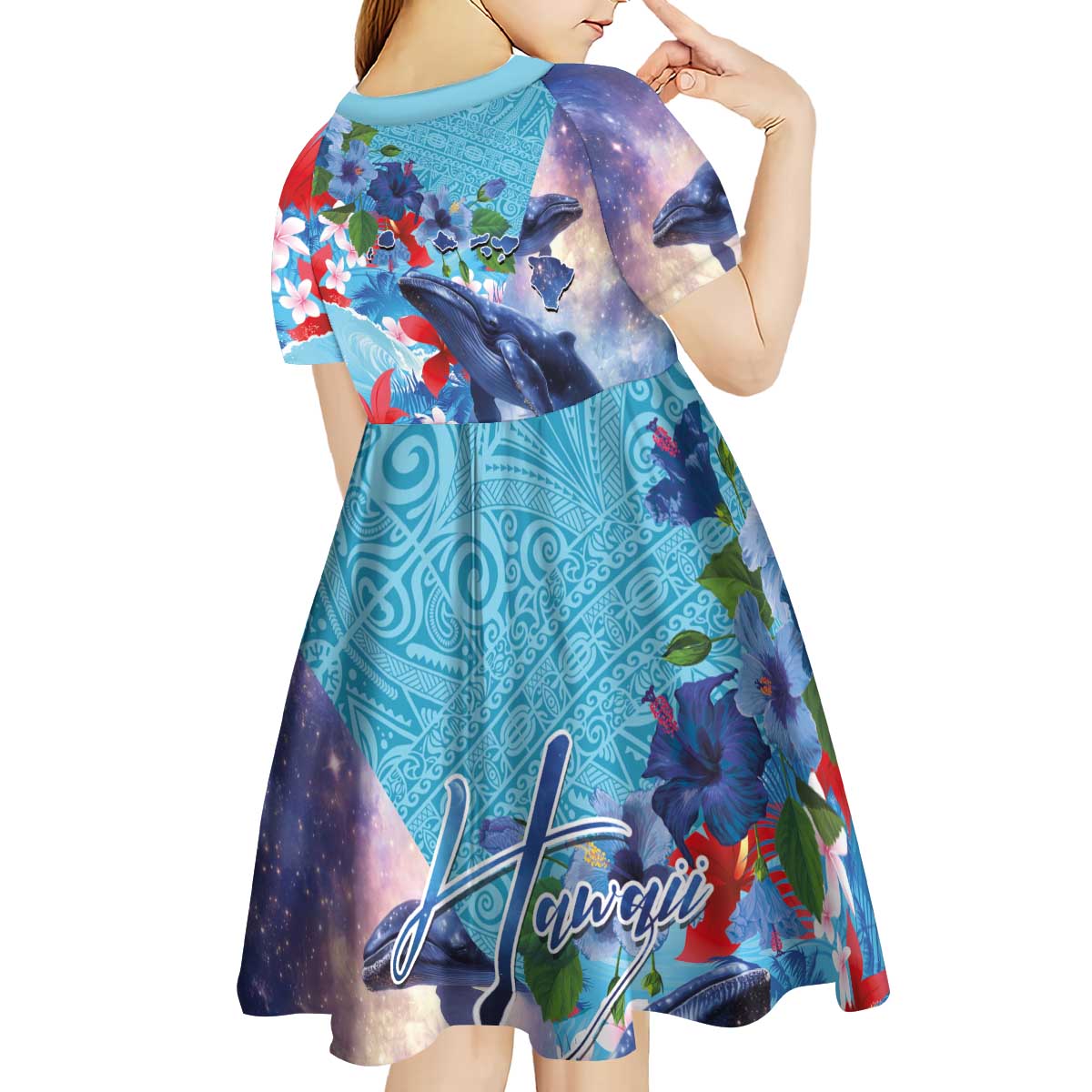 Hawaii Aloha Whales Kid Short Sleeve Dress Hibiscus and Whales with Polynesian Pattern - Polynesian Pride