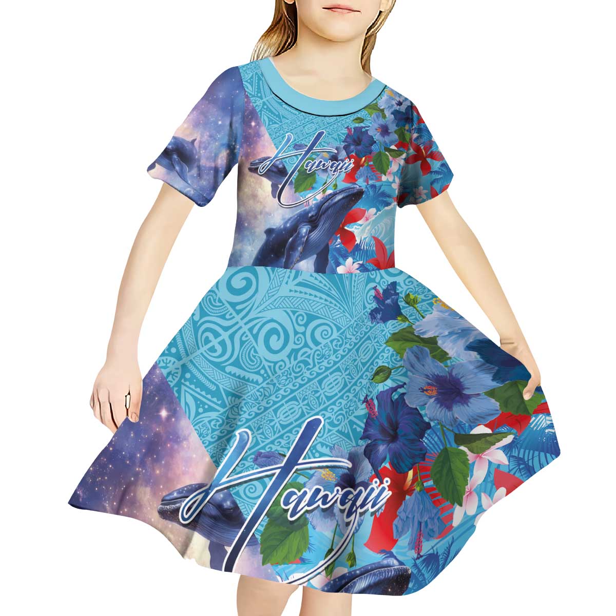 Hawaii Aloha Whales Kid Short Sleeve Dress Hibiscus and Whales with Polynesian Pattern - Polynesian Pride