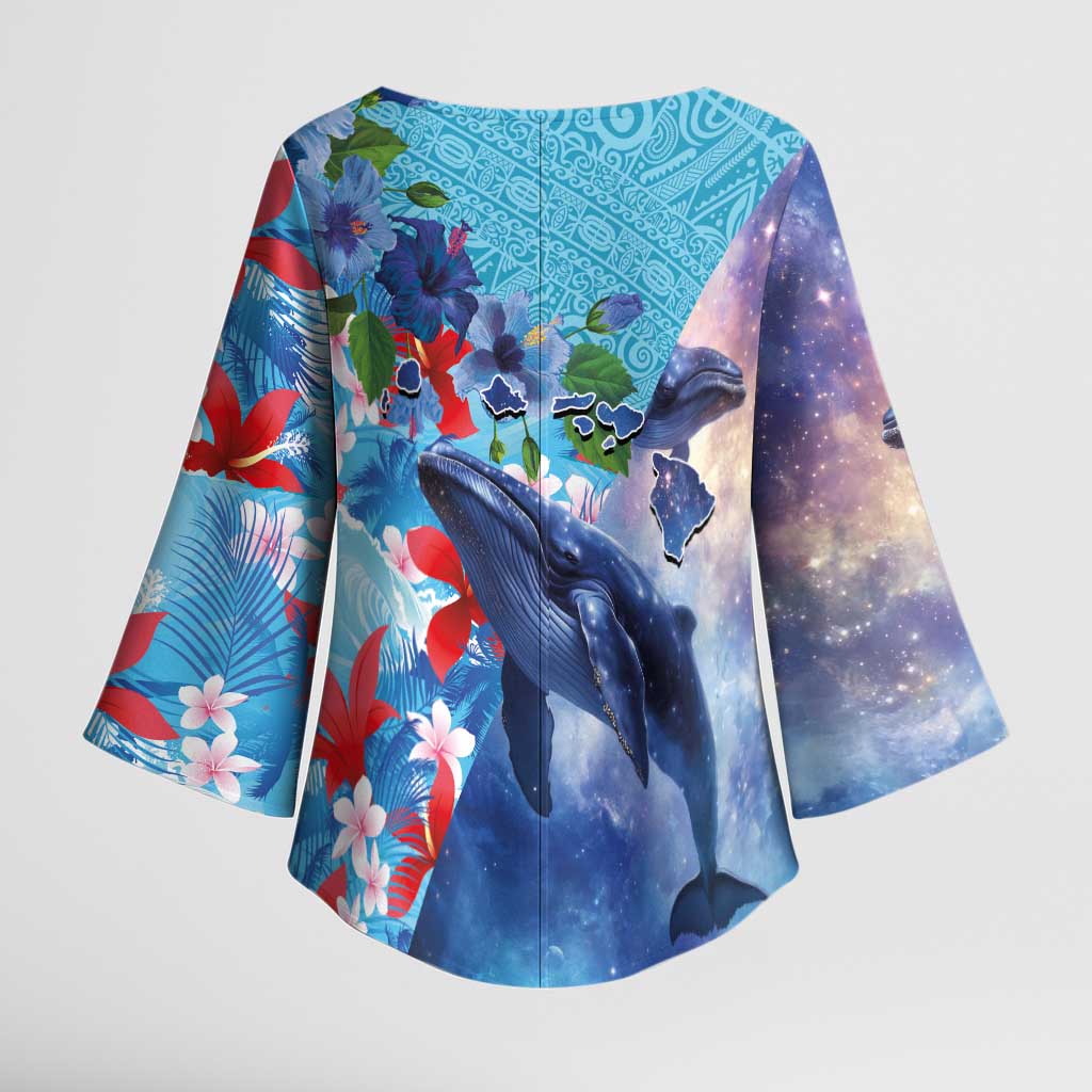 Hawaii Aloha Whales Kimono Sleeve Blouse Hibiscus and Whales with Polynesian Pattern - Polynesian Pride