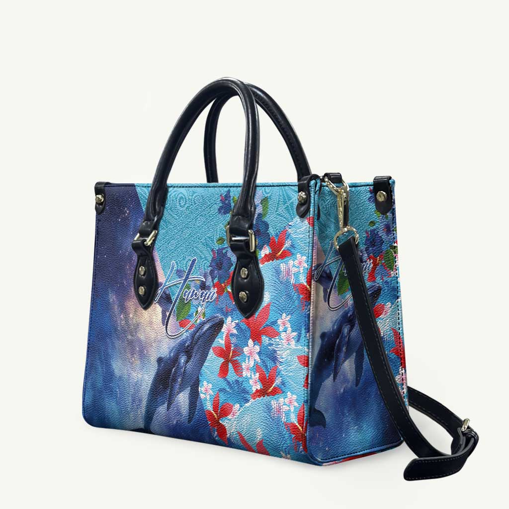 Hawaii Aloha Whales Leather Bag Hibiscus and Whales with Polynesian Pattern - Polynesian Pride