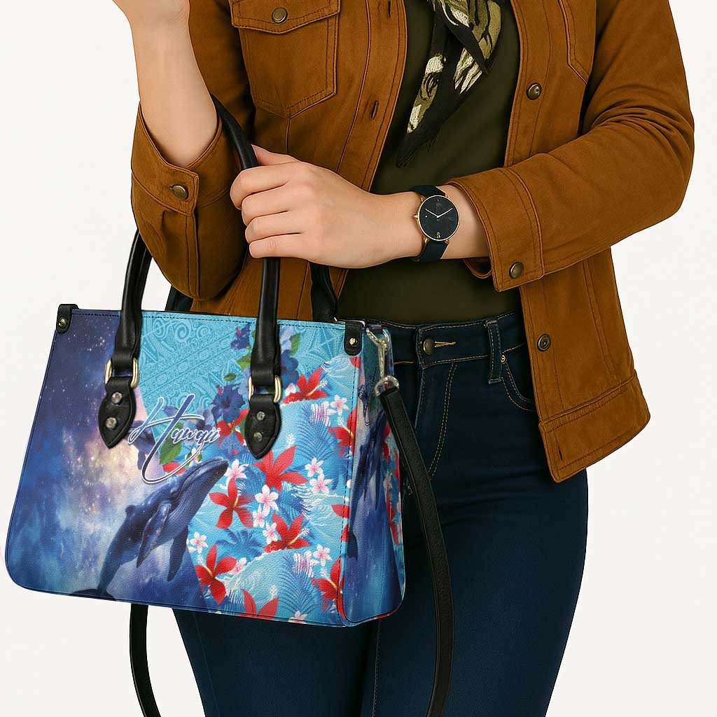 Hawaii Aloha Whales Leather Bag Hibiscus and Whales with Polynesian Pattern - Polynesian Pride