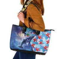 Hawaii Aloha Whales Leather Tote Bag Hibiscus and Whales with Polynesian Pattern - Polynesian Pride