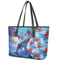 Hawaii Aloha Whales Leather Tote Bag Hibiscus and Whales with Polynesian Pattern - Polynesian Pride