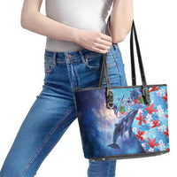 Hawaii Aloha Whales Leather Tote Bag Hibiscus and Whales with Polynesian Pattern - Polynesian Pride