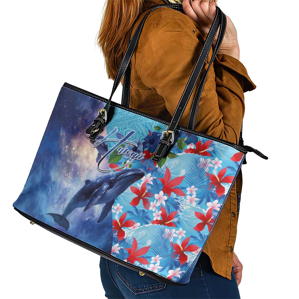 Hawaii Aloha Whales Leather Tote Bag Hibiscus and Whales with Polynesian Pattern - Polynesian Pride