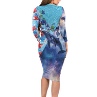 Hawaii Aloha Whales Long Sleeve Bodycon Dress Hibiscus and Whales with Polynesian Pattern - Polynesian Pride