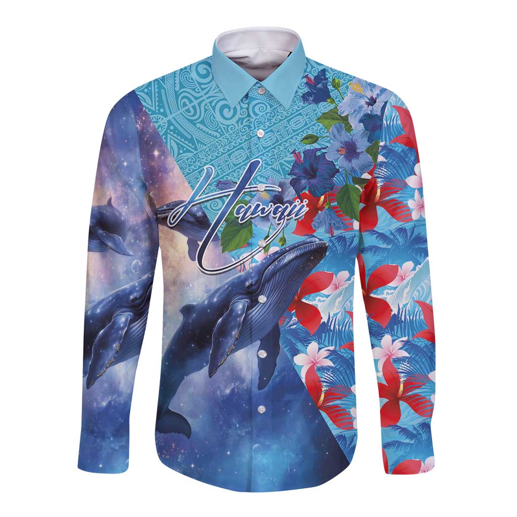 Hawaii Aloha Whales Long Sleeve Button Shirt Hibiscus and Whales with Polynesian Pattern LT03 Unisex Blue - Polynesian Pride