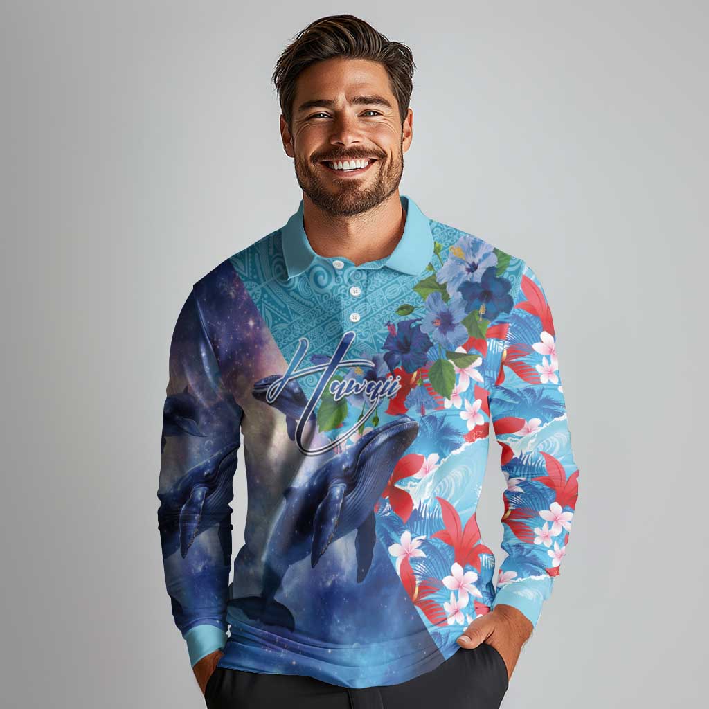 Hawaii Aloha Whales Long Sleeve Polo Shirt Hibiscus and Whales with Polynesian Pattern - Polynesian Pride